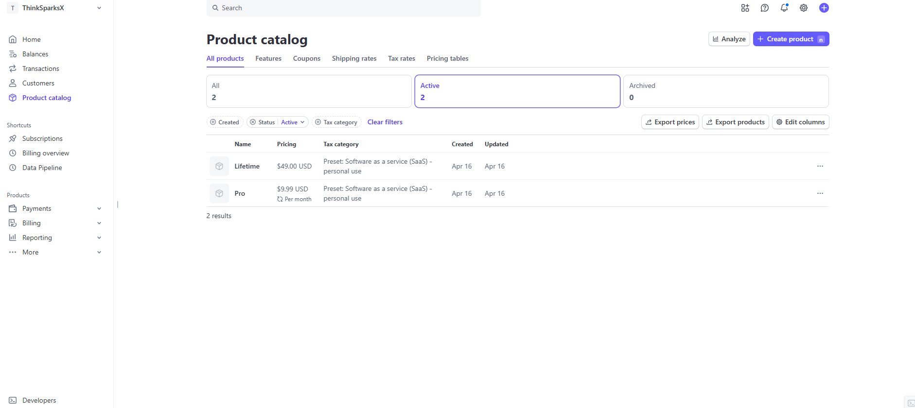 Stripe Dashboard - Products Section